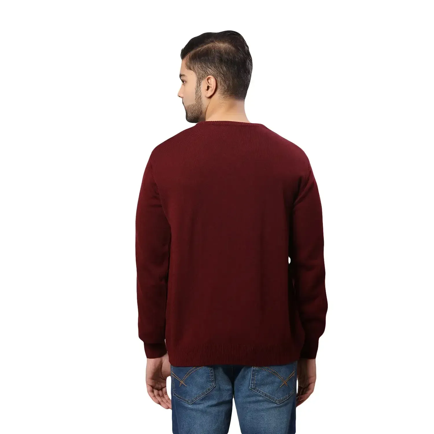 Men Maroon Structure Cable Acrylic Wool Blend Round Collar Sweaters