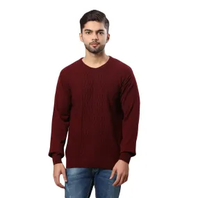 Men Maroon Structure Cable Acrylic Wool Blend Round Collar Sweaters