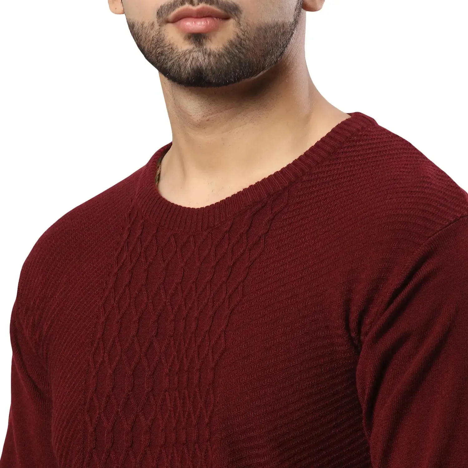 Men Maroon Structure Cable Acrylic Wool Blend Round Collar Sweaters