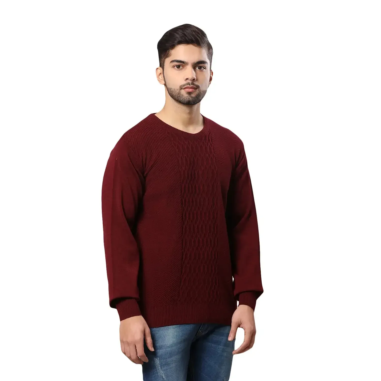 Men Maroon Structure Cable Acrylic Wool Blend Round Collar Sweaters