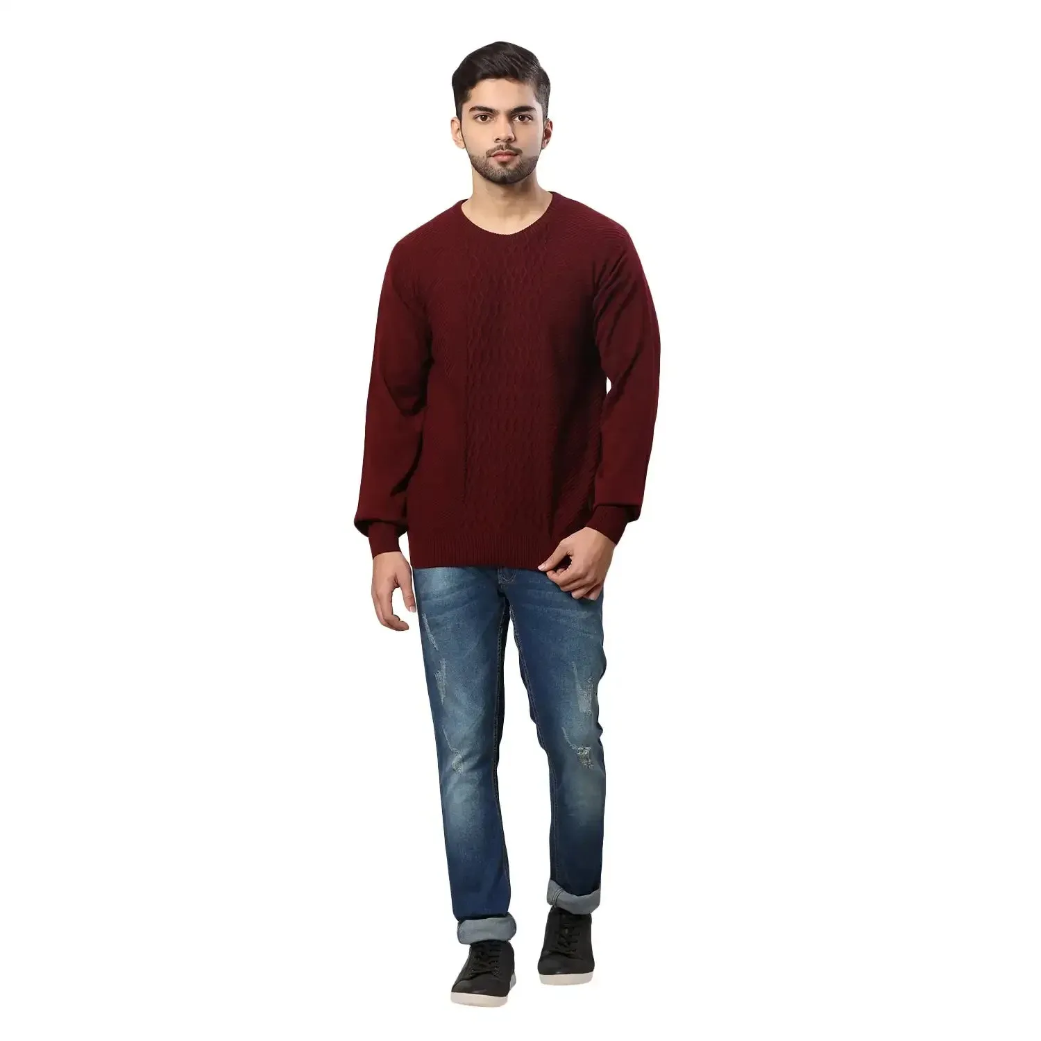 Men Maroon Structure Cable Acrylic Wool Blend Round Collar Sweaters