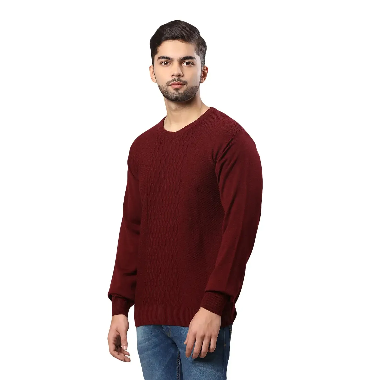 Men Maroon Structure Cable Acrylic Wool Blend Round Collar Sweaters