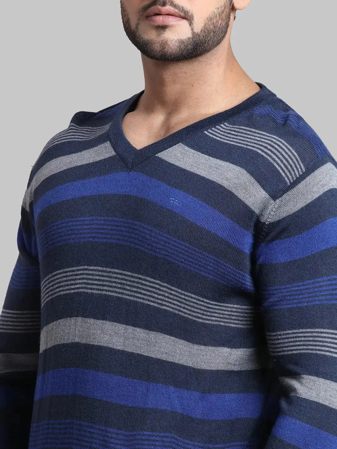 Men Navy Tailored Fit Stripe Acrylic Wool Blend Full Sleeve V Neck Collar Sweaters