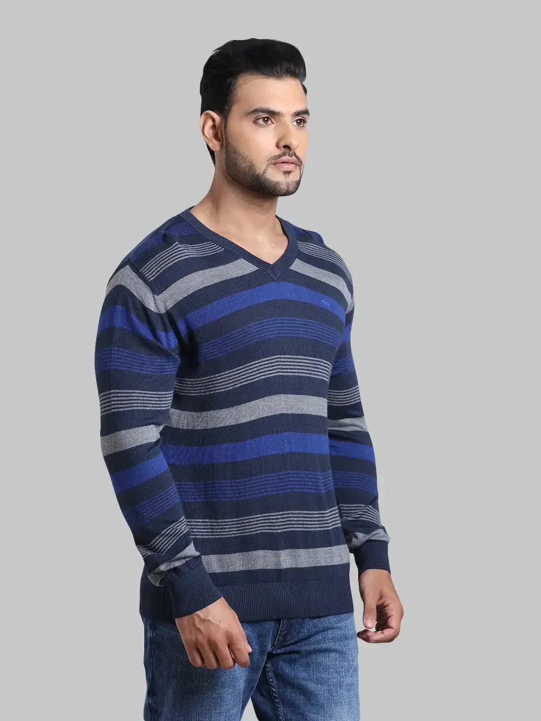 Men Navy Tailored Fit Stripe Acrylic Wool Blend Full Sleeve V Neck Collar Sweaters