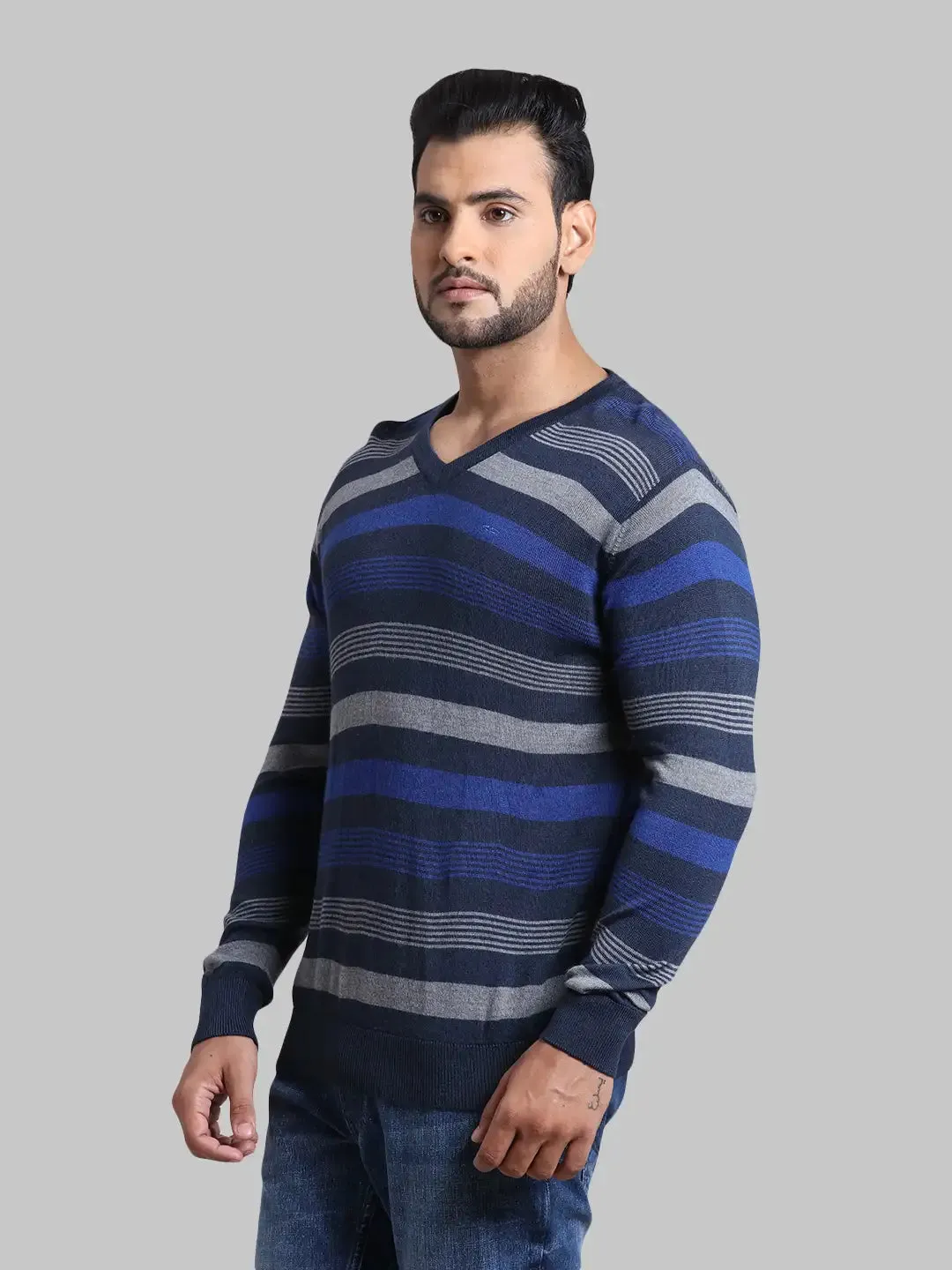 Men Navy Tailored Fit Stripe Acrylic Wool Blend Full Sleeve V Neck Collar Sweaters