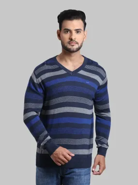 Men Navy Tailored Fit Stripe Acrylic Wool Blend Full Sleeve V Neck Collar Sweaters