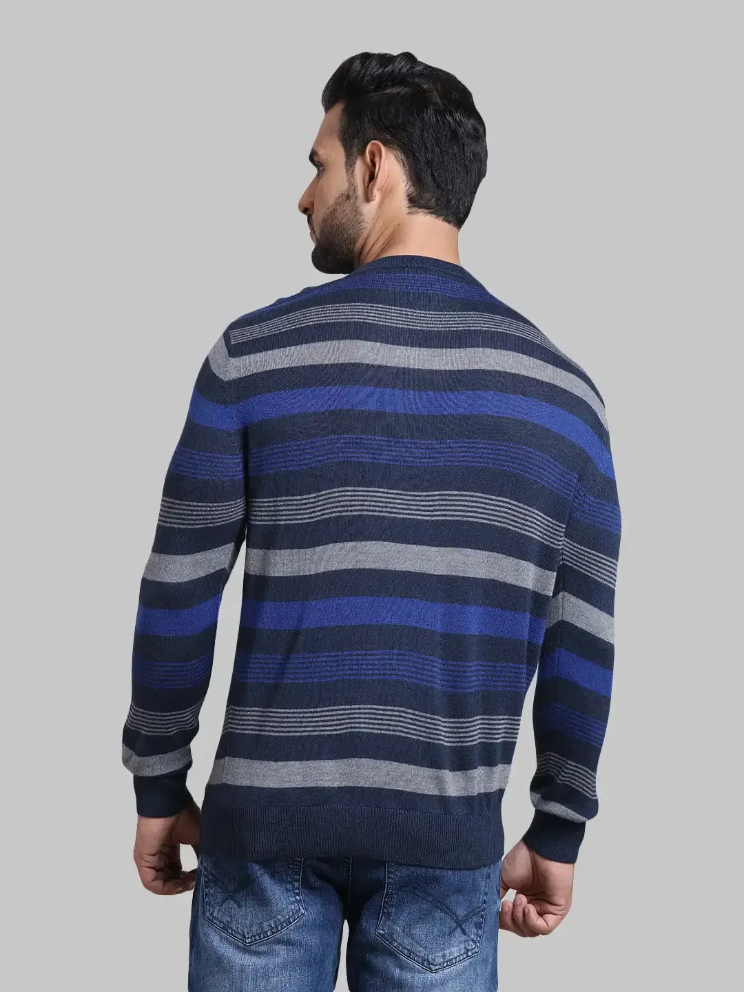 Men Navy Tailored Fit Stripe Acrylic Wool Blend Full Sleeve V Neck Collar Sweaters