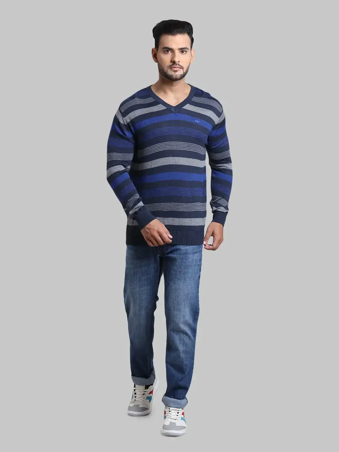 Men Navy Tailored Fit Stripe Acrylic Wool Blend Full Sleeve V Neck Collar Sweaters