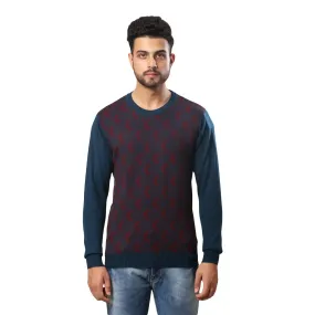 Men Petrol Jacquard Acrylic Wool Blend Round Collar Sweaters