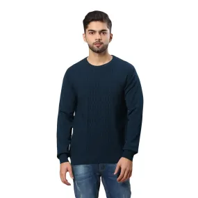 Men Petrol Structure Cable Acrylic Wool Blend Round Collar Sweaters