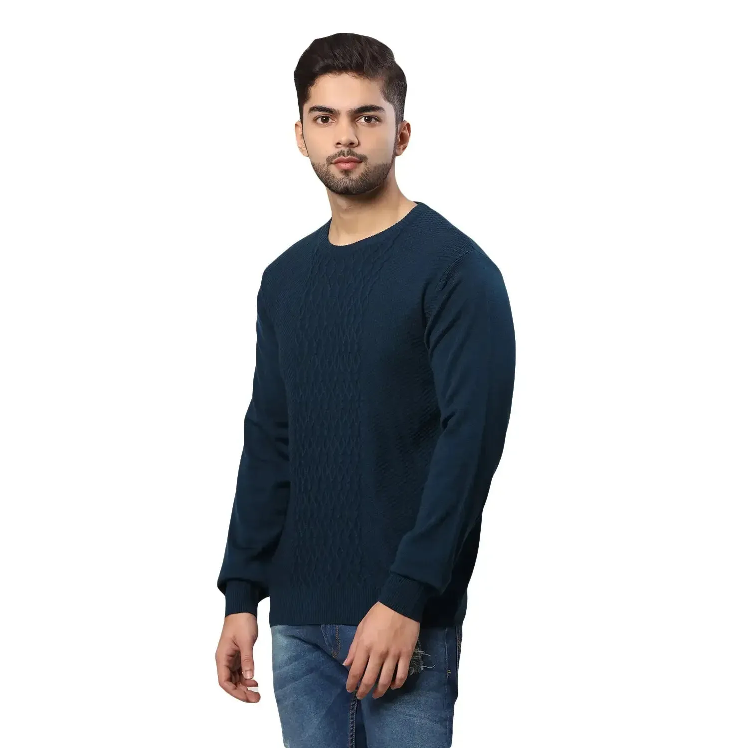 Men Petrol Structure Cable Acrylic Wool Blend Round Collar Sweaters