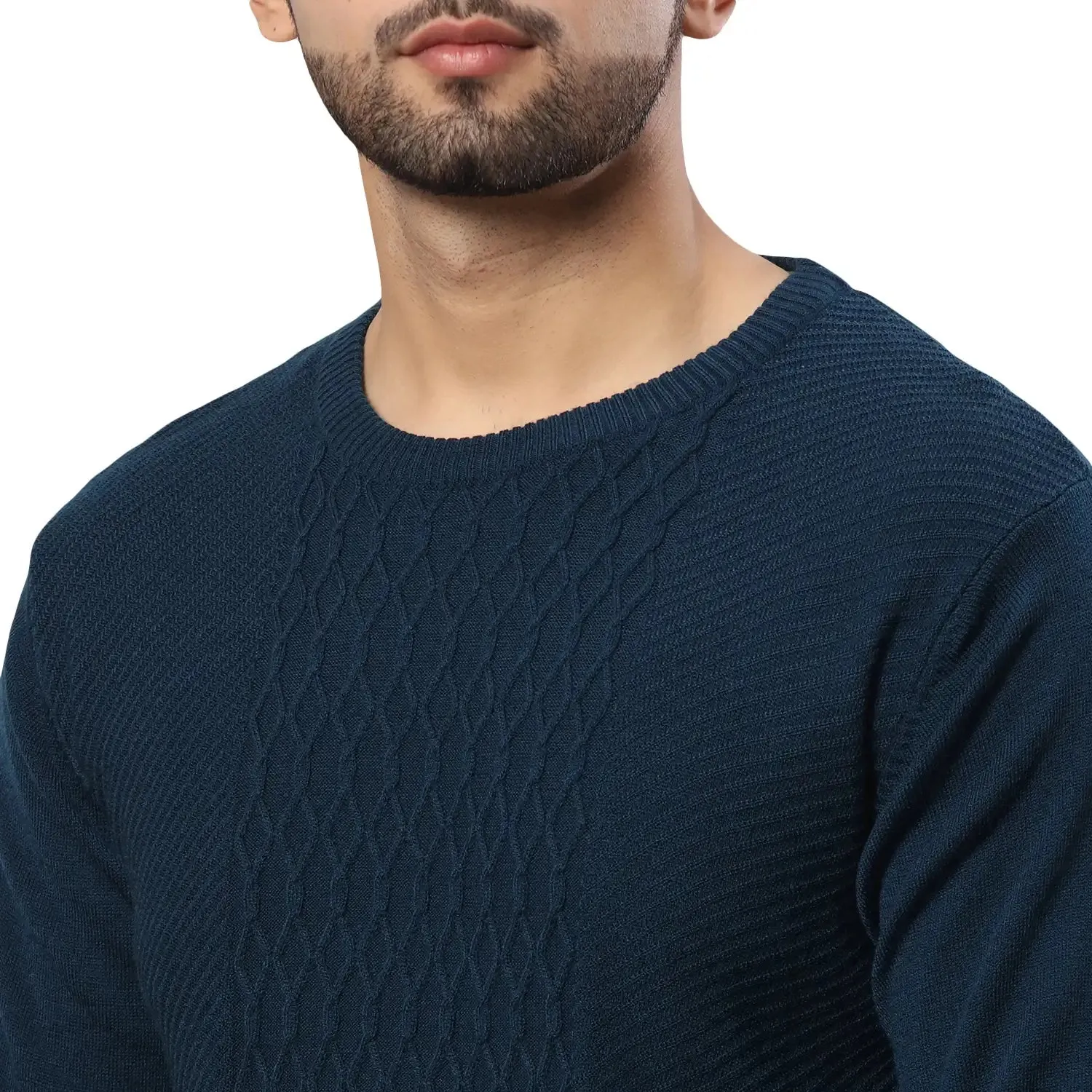 Men Petrol Structure Cable Acrylic Wool Blend Round Collar Sweaters