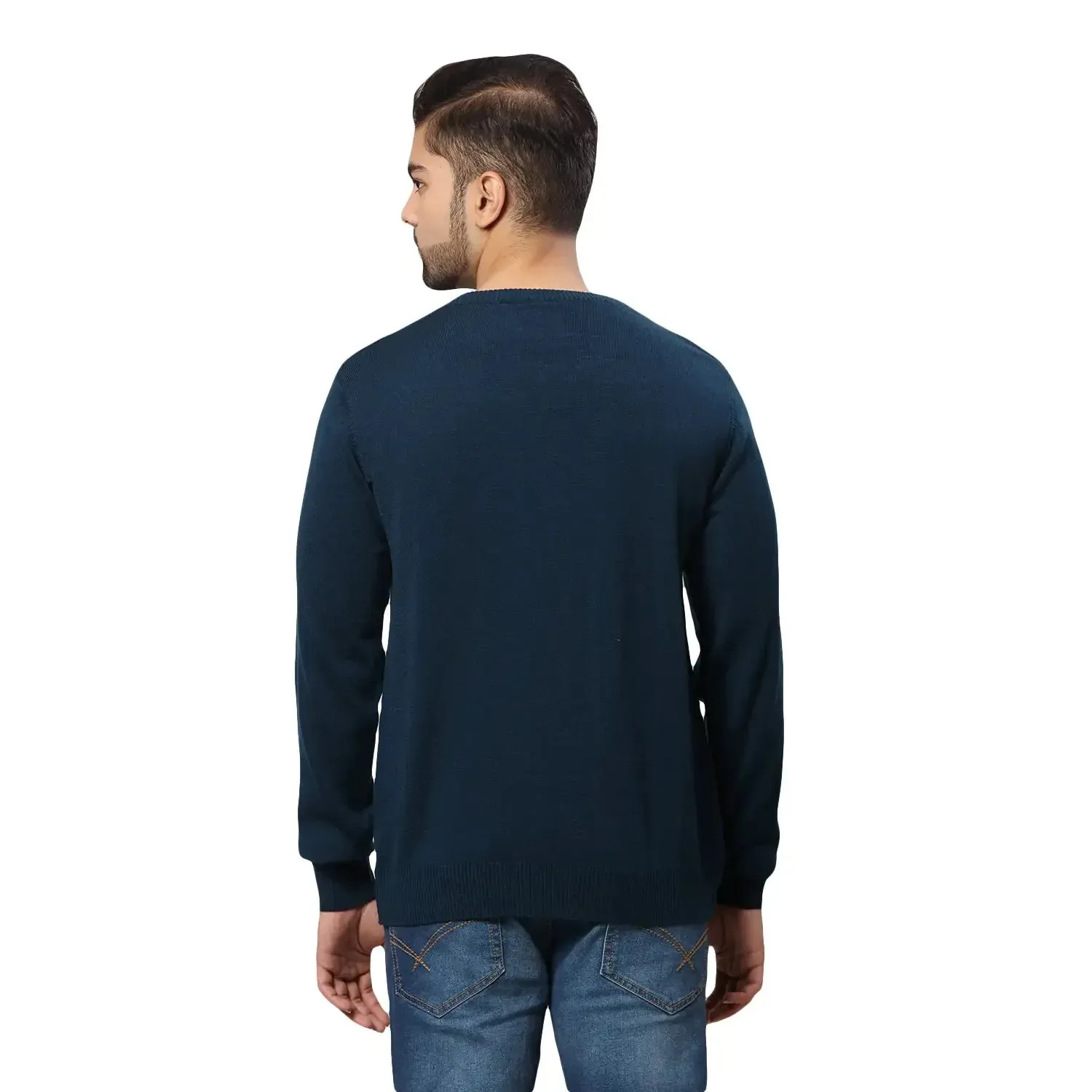 Men Petrol Structure Cable Acrylic Wool Blend Round Collar Sweaters