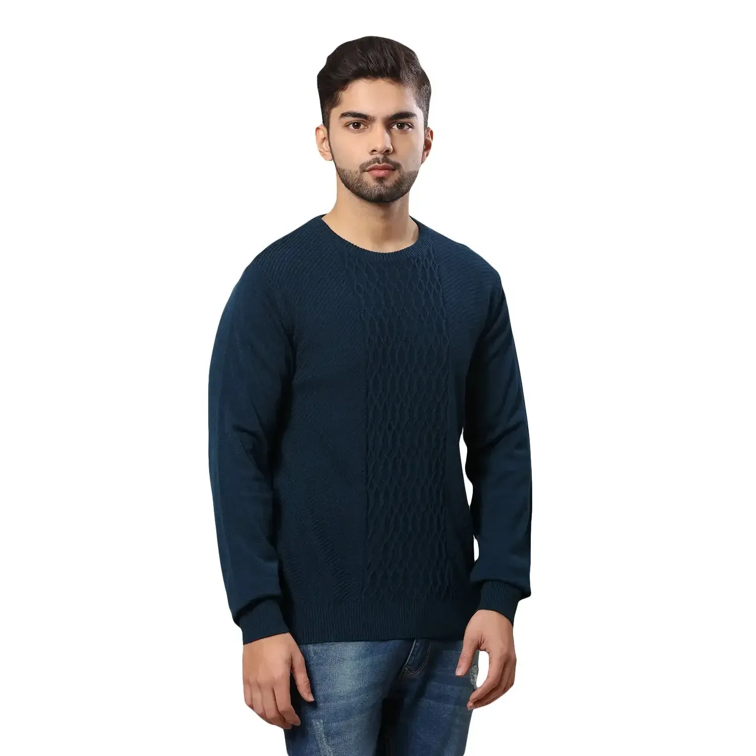 Men Petrol Structure Cable Acrylic Wool Blend Round Collar Sweaters