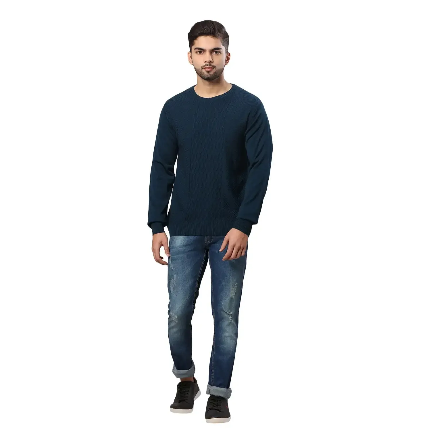 Men Petrol Structure Cable Acrylic Wool Blend Round Collar Sweaters