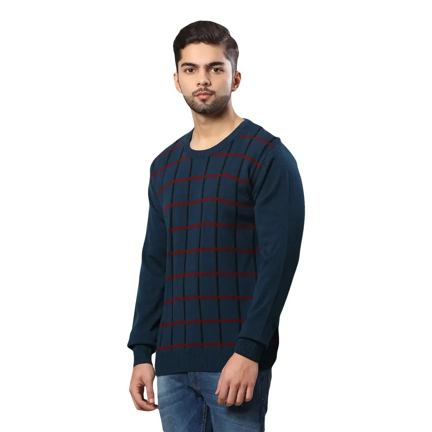 Men Petrol Wrapper Acrylic Wool Blend Round Collar Sweaters