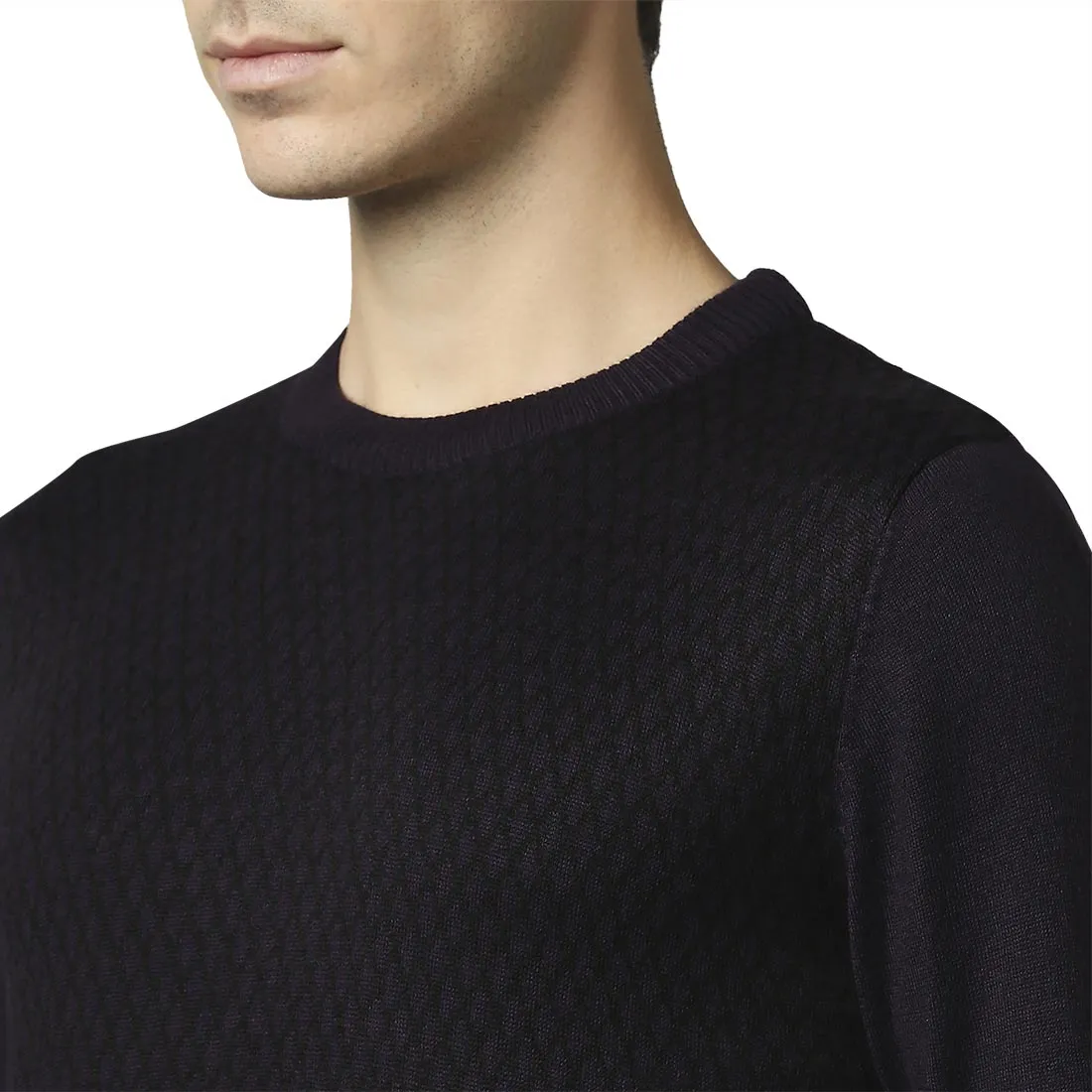 Men Violet Jacquard Acrylic Wool Blend Round Collar Sweaters