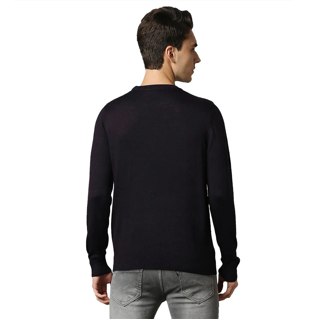 Men Violet Jacquard Acrylic Wool Blend Round Collar Sweaters