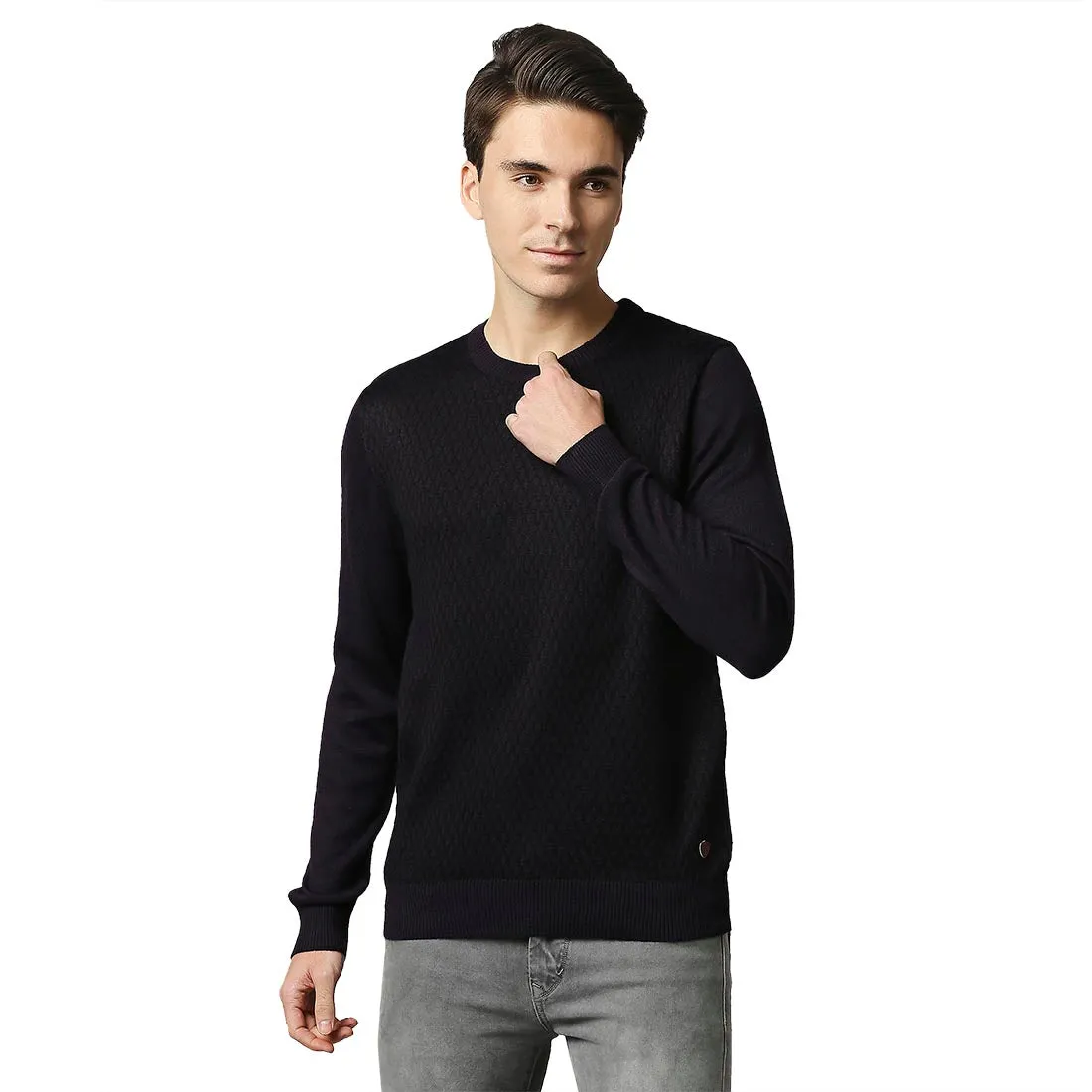 Men Violet Jacquard Acrylic Wool Blend Round Collar Sweaters