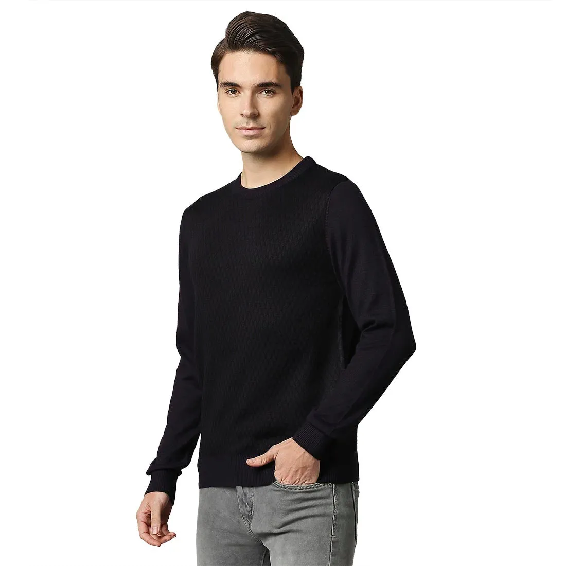 Men Violet Jacquard Acrylic Wool Blend Round Collar Sweaters