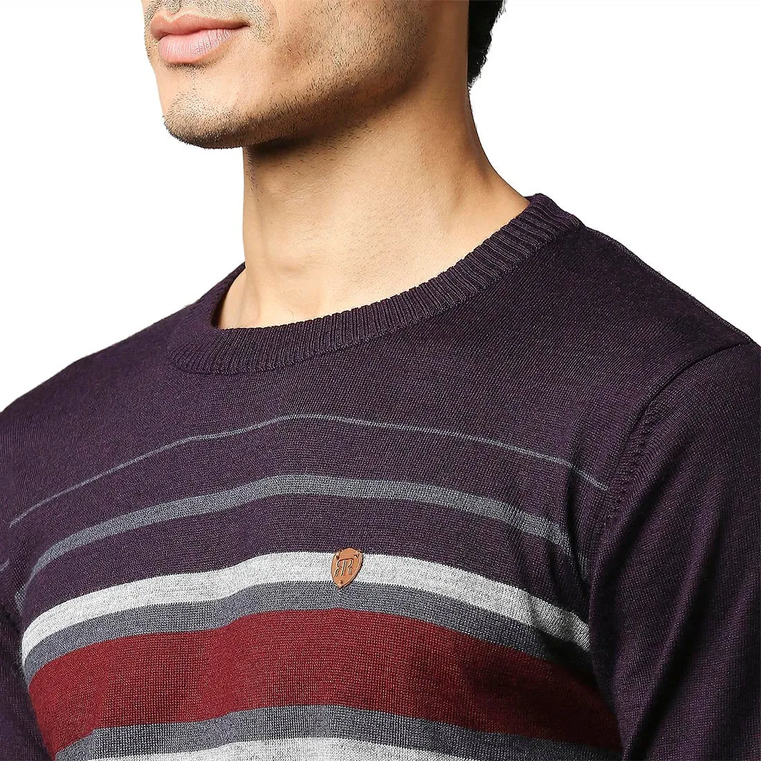 Men Violet Stripe Acrylic Wool Blend Round Collar Sweaters