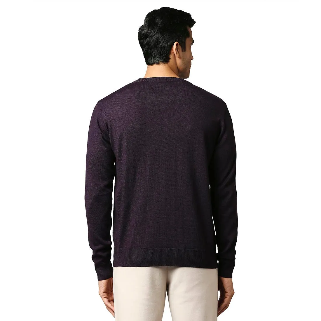 Men Violet Stripe Acrylic Wool Blend Round Collar Sweaters