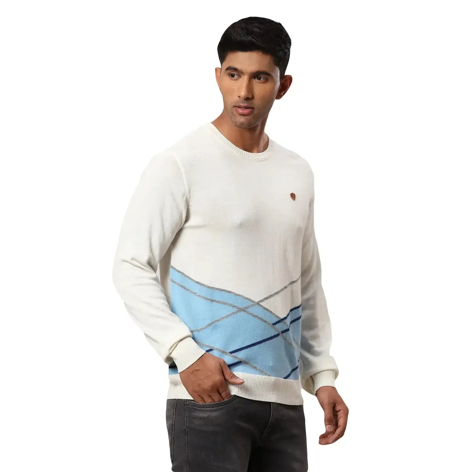 Men White Argyle Acrylic Wool Blend Round Collar Sweaters