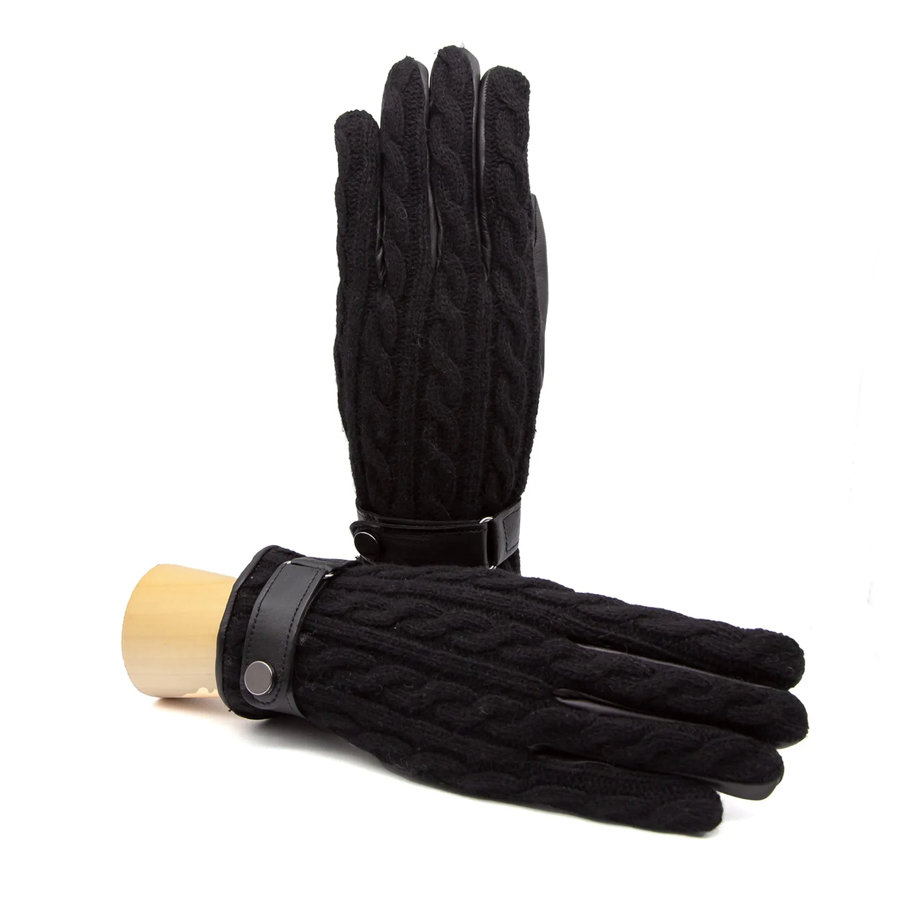 Men's black nappa touch leather gloves with weaved wool top and leather strap