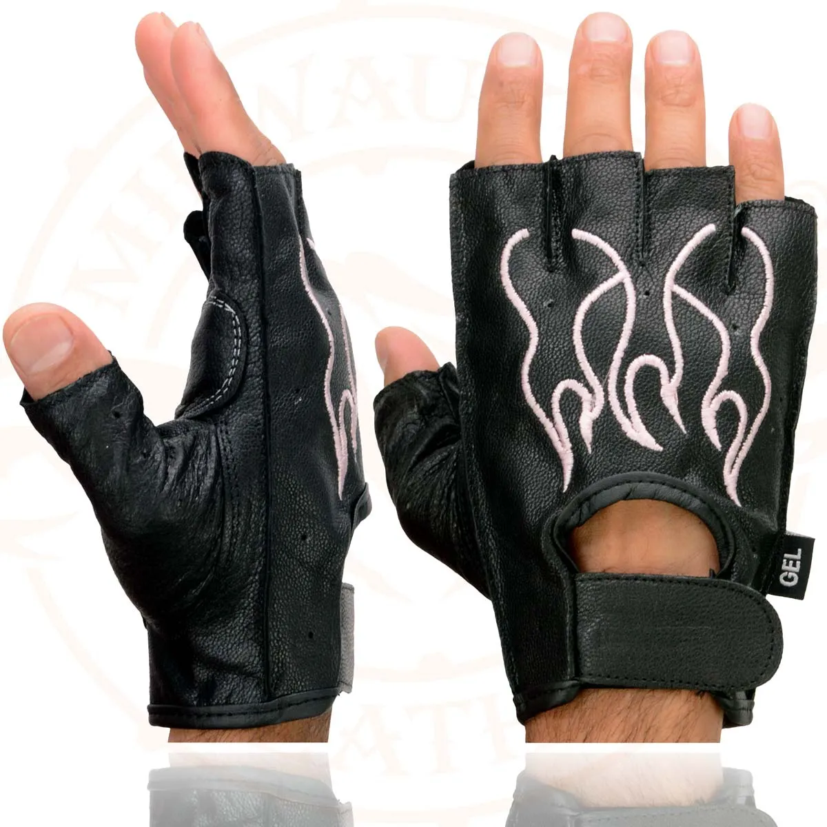 Milwaukee Leather SH198 Women's Black Leather Gel Padded Palm Fingerless Motorcycle Hand Gloves W/ ‘Pink Flame Embroidered’