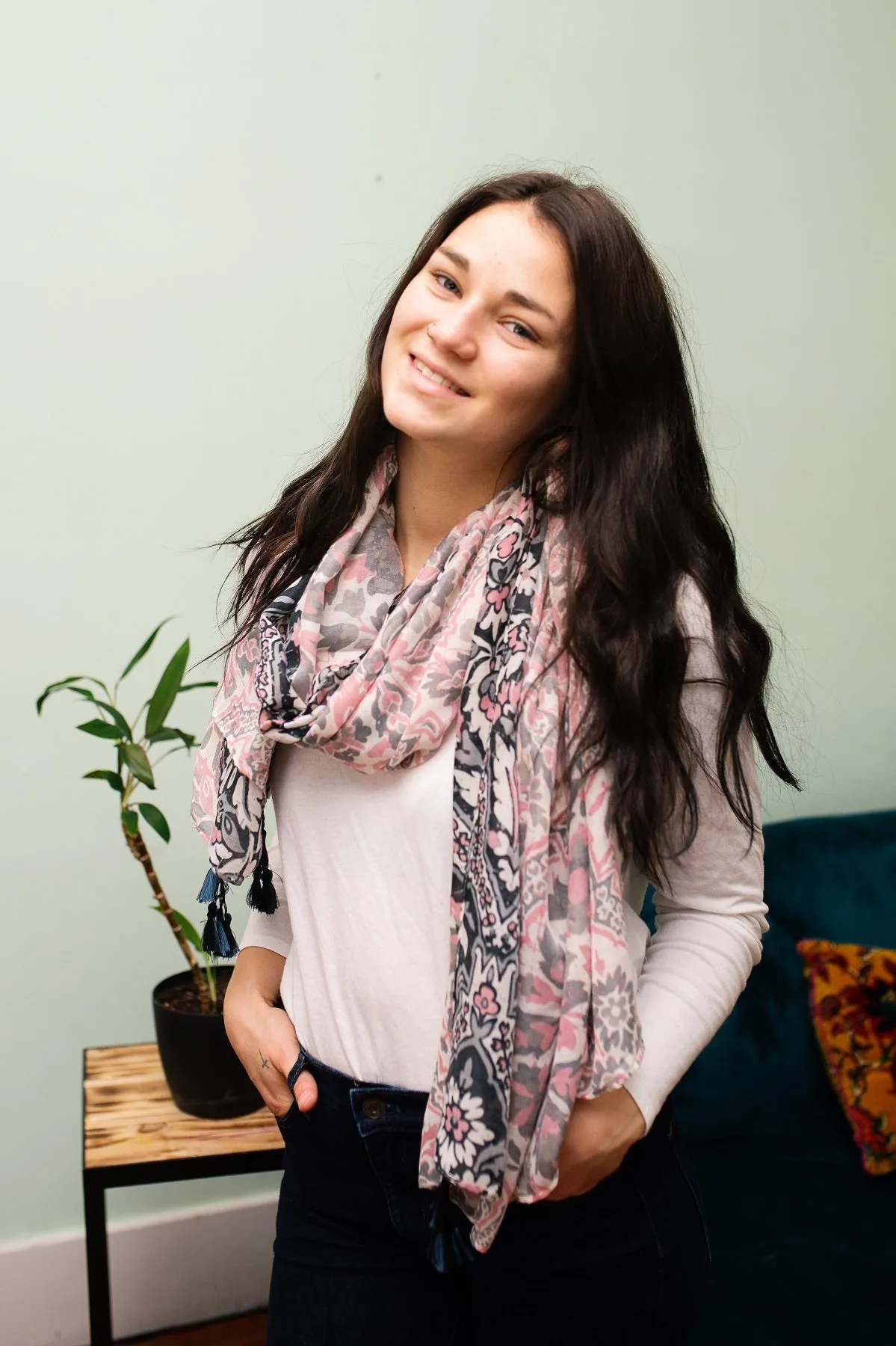 Pink and Grey Flower Scarf