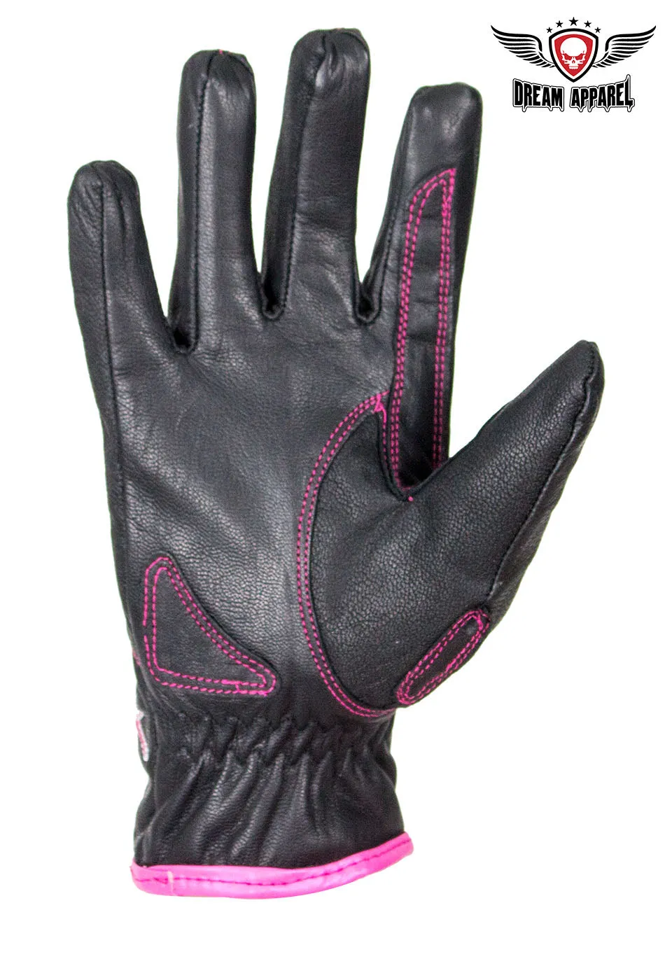 Pink-Rose Graphic Embroidered Leather Gloves