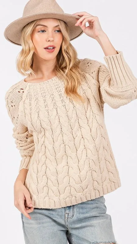 Pointelle Cable Knit Raglan Sweater