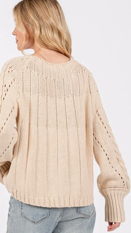 Pointelle Cable Knit Raglan Sweater