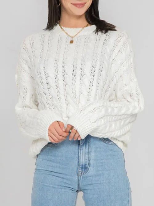 TastyHottie - Openwork Round Sleeve Cable-Knit Sweater