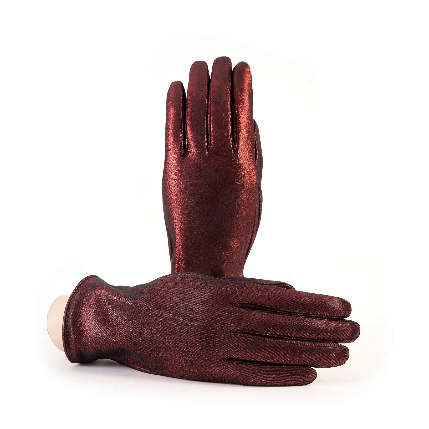 Women’s basic red soft laminated suede leather gloves with palm opening and cashmere lining