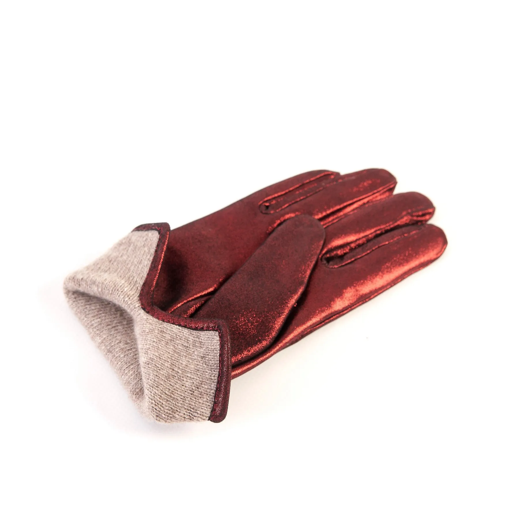 Women’s basic red soft laminated suede leather gloves with palm opening and cashmere lining