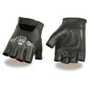 Xelement XG352 Men's Black Leather Flaming Eagle Fingerless Gloves